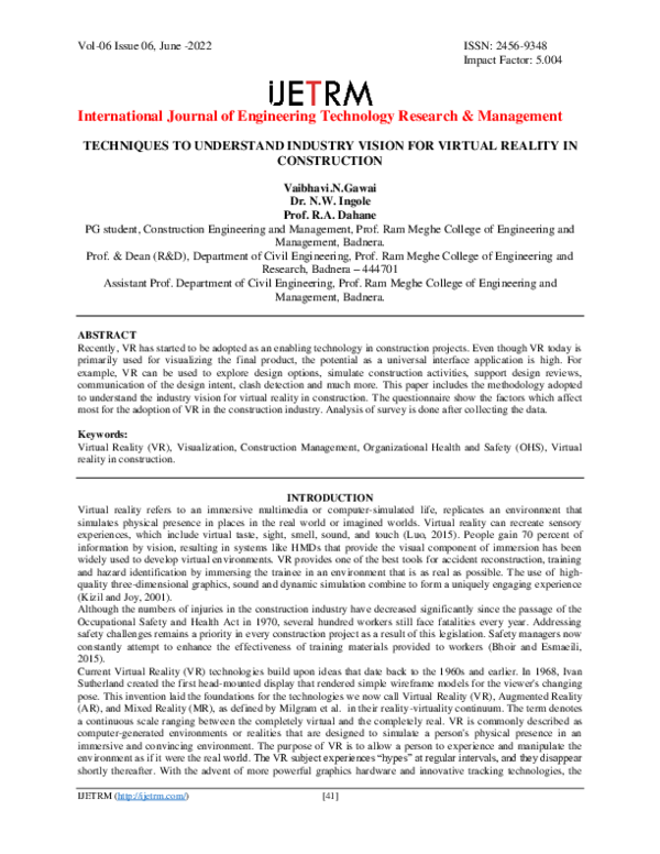 (PDF) TECHNIQUES TO UNDERSTAND INDUSTRY VISION FOR VIRTUAL REALITY IN ...
