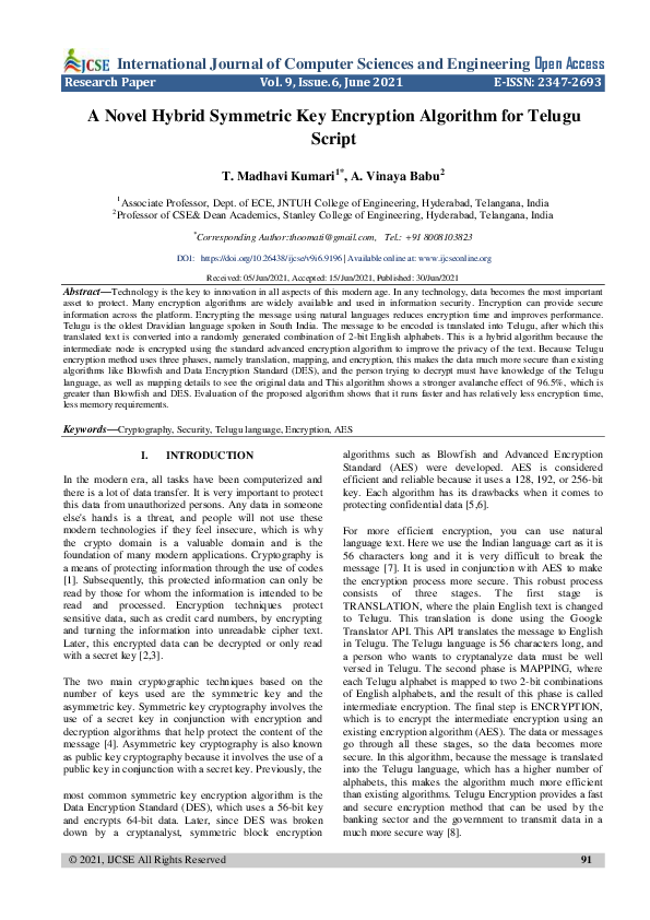 (PDF) A Novel Hybrid Symmetric Key Encryption Algorithm for Telugu Script