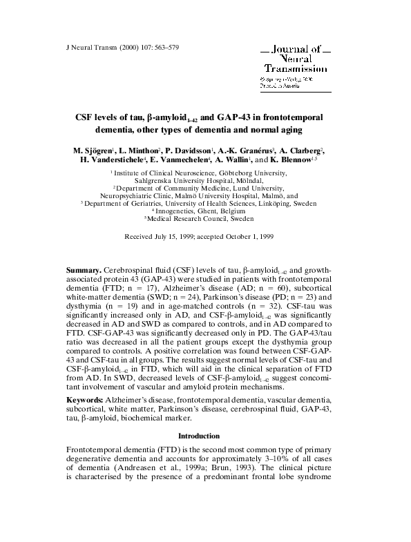 (PDF) CSF levels of tau, β-amyloid 1-42 and GAP-43 in frontotemporal ...