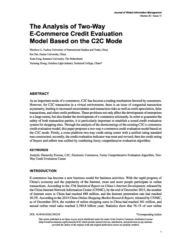 (PDF) The Analysis of Two-Way E-Commerce Credit Evaluation Model Based ...
