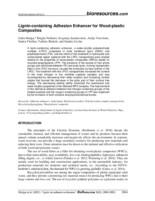 (PDF) Lignin-containing adhesion enhancer for wood-plastic composites