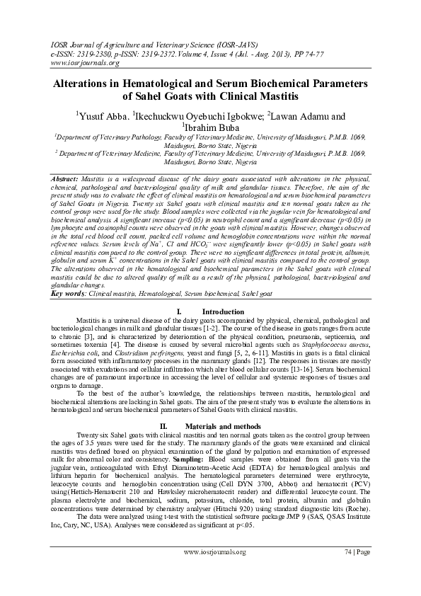 (PDF) Alterations in Hematological and Serum Biochemical Parameters of ...