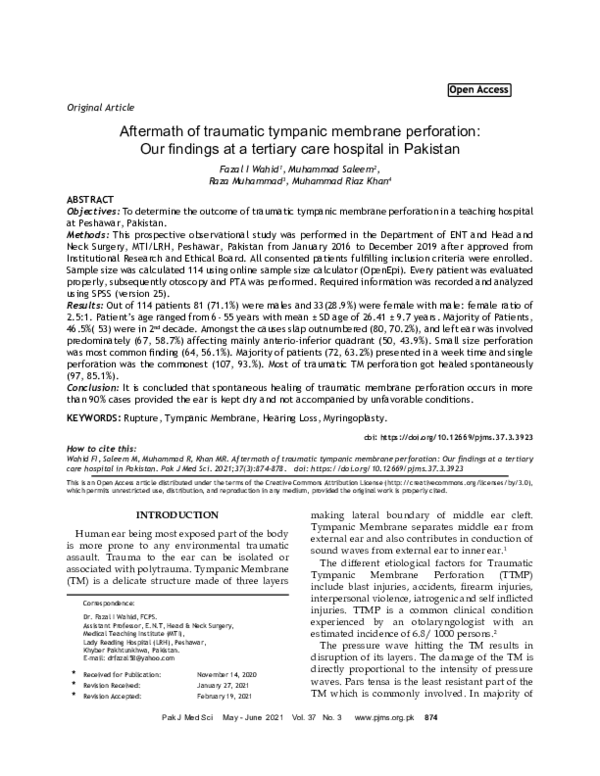 (PDF) Aftermath of traumatic tympanic membrane perforation: Our ...