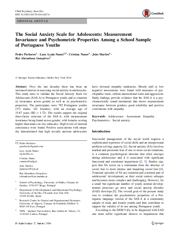 (PDF) The Social Anxiety Scale for Adolescents: Measurement Invariance ...