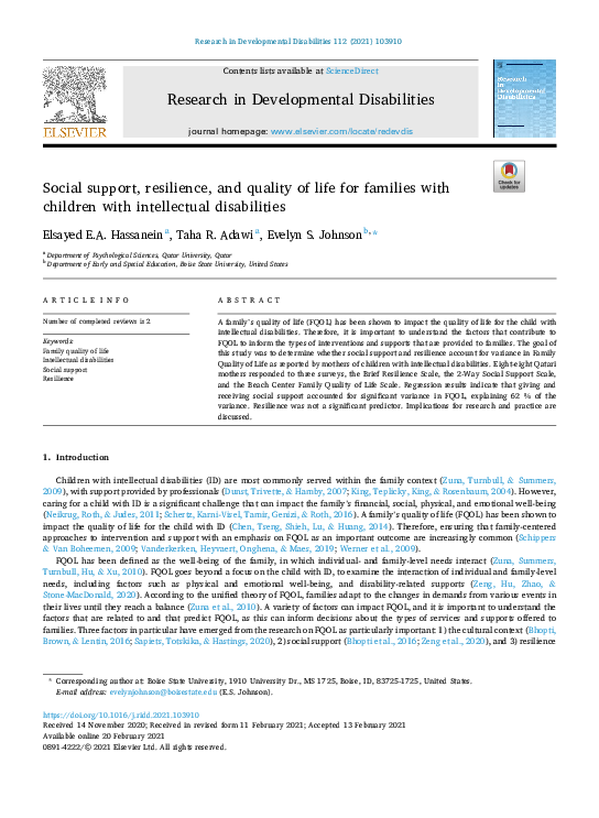 (PDF) Social support, resilience, and quality of life for families with ...