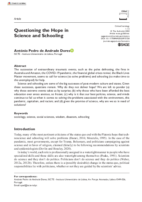 (PDF) Questioning the Hope in Science and Schooling