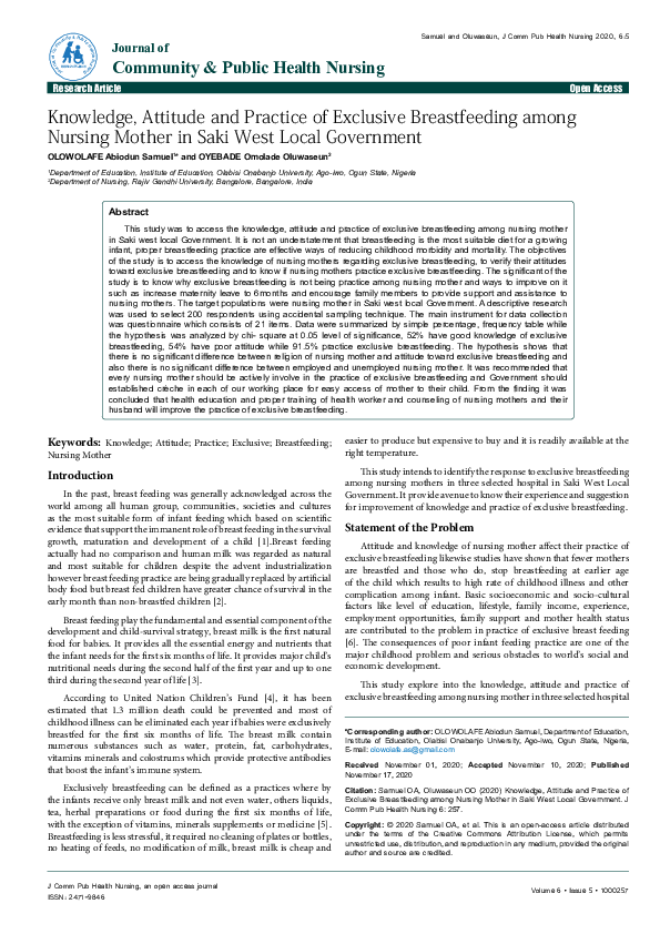 (PDF) Knowledge, Attitude and Practice of Exclusive Breastfeeding among ...