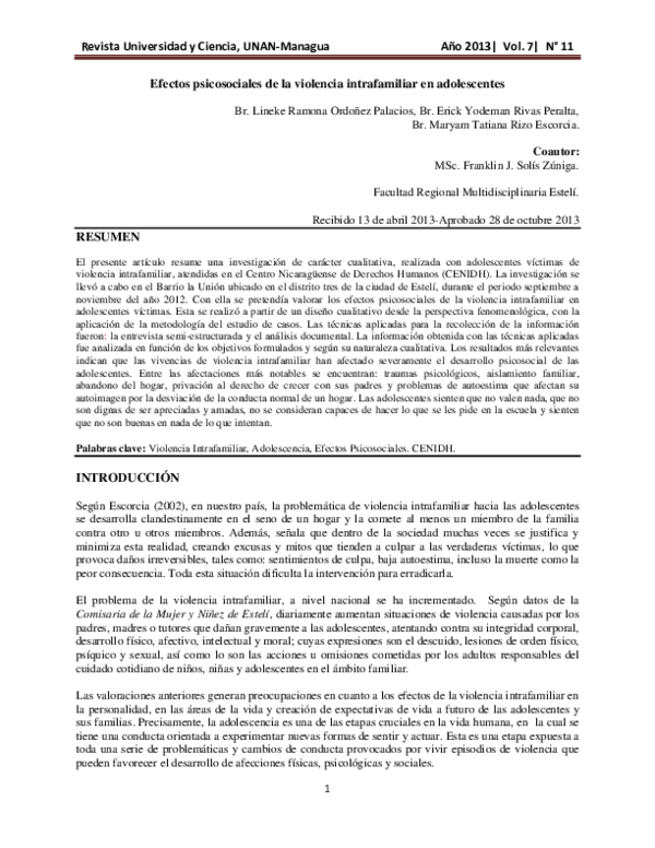 (PDF) Efectos psicosociales de la violencia intrafamiliar en adolescentes