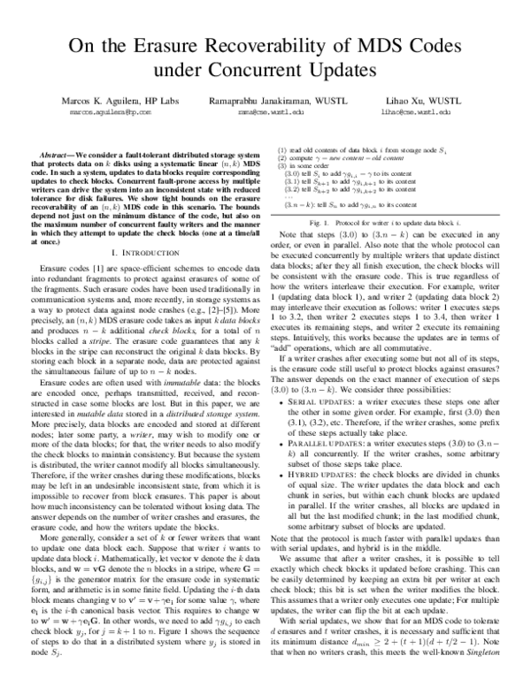 (PDF) On the erasure recoverability of MDS codes under concurrent updates