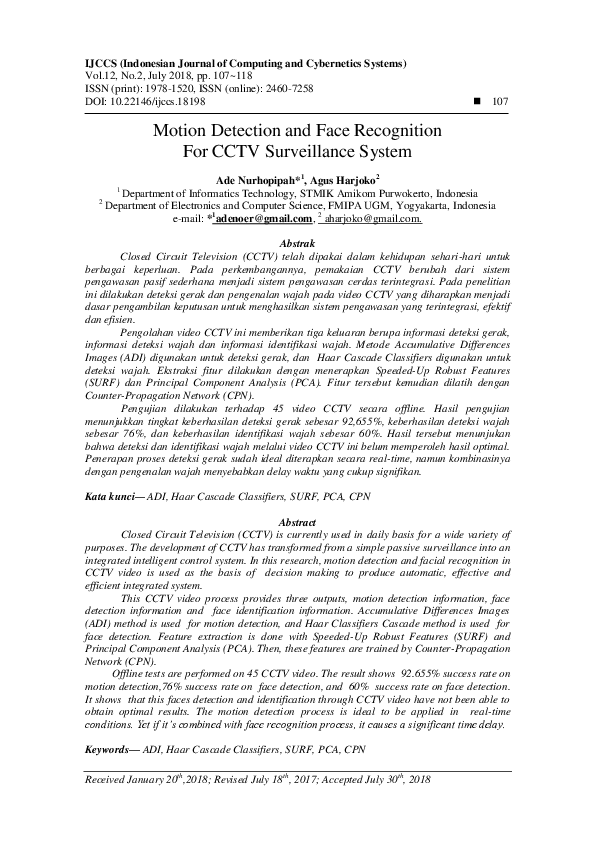 (PDF) Motion Detection and Face Recognition for CCTV Surveillance System