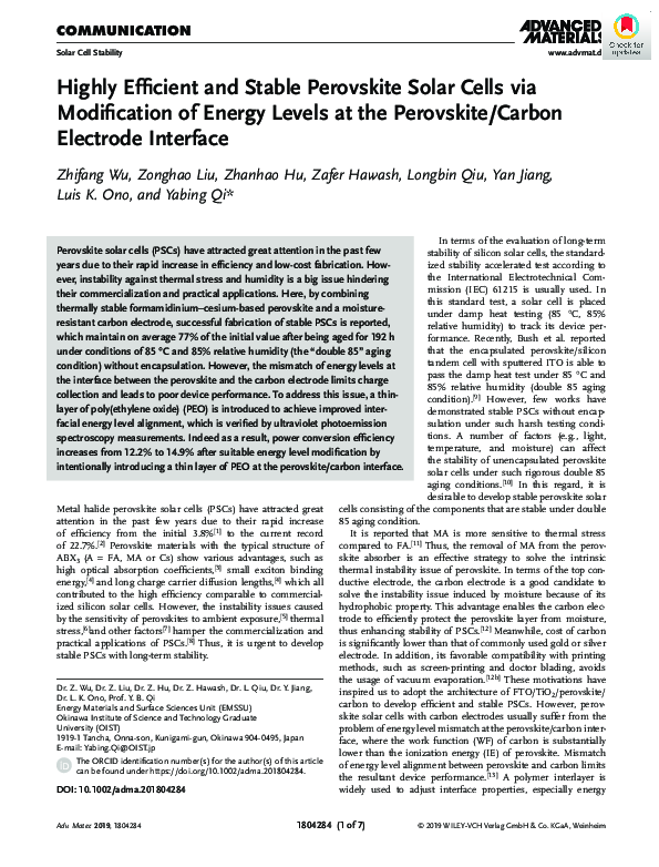 (PDF) Highly Efficient and Stable Perovskite Solar Cells Enabled by Low ...