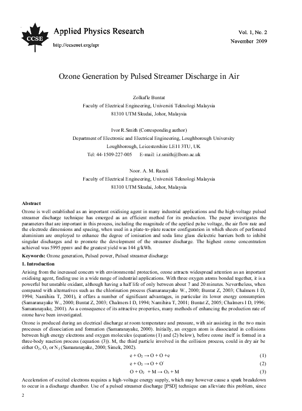 (PDF) Ozone Generation by Pulsed Streamer Discharge in Air