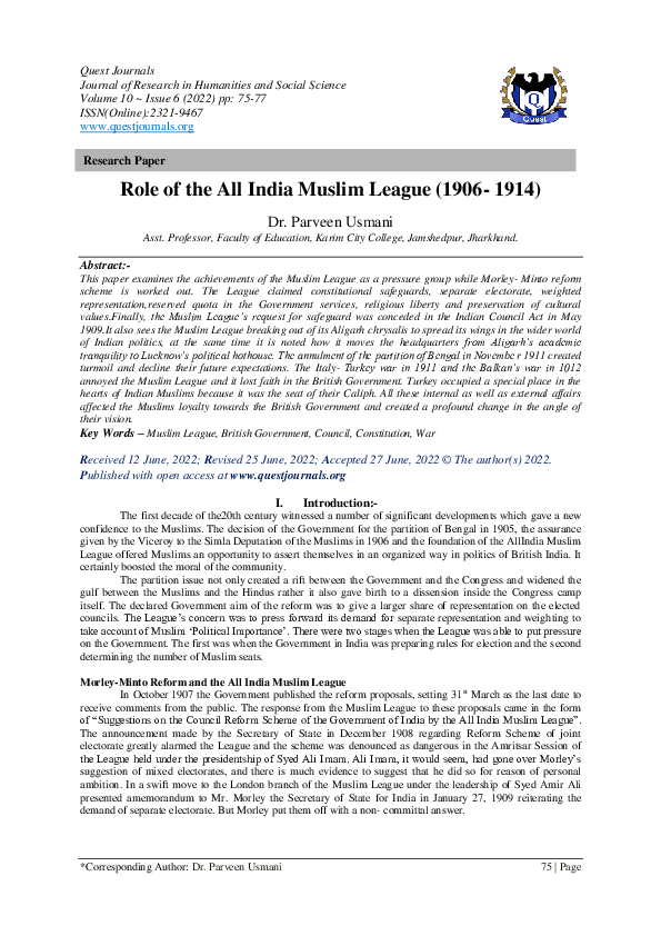 (PDF) Role of the All India Muslim League (1906-1914