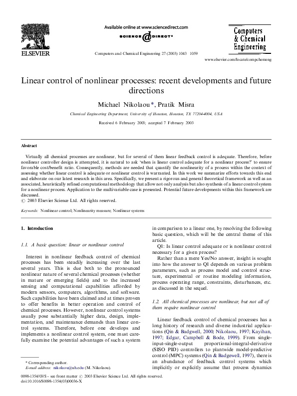 (PDF) Linear control of nonlinear processes: recent developments and ...
