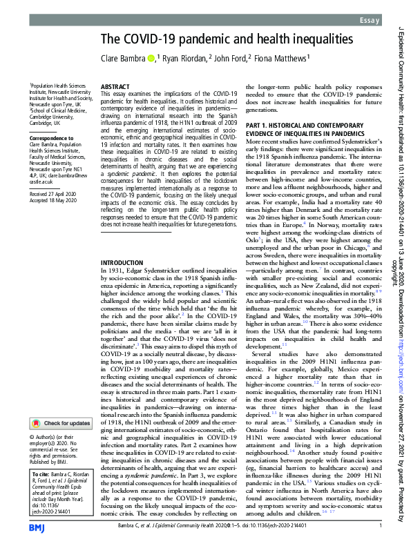 (PDF) The COVID-19 pandemic and health inequalities