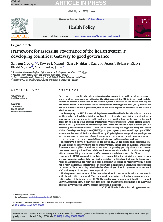 (PDF) Framework for assessing governance of the health system in ...