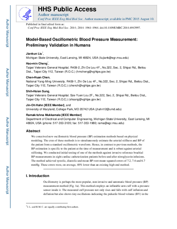 (PDF) Model-based oscillometric blood pressure measurement: Preliminary ...