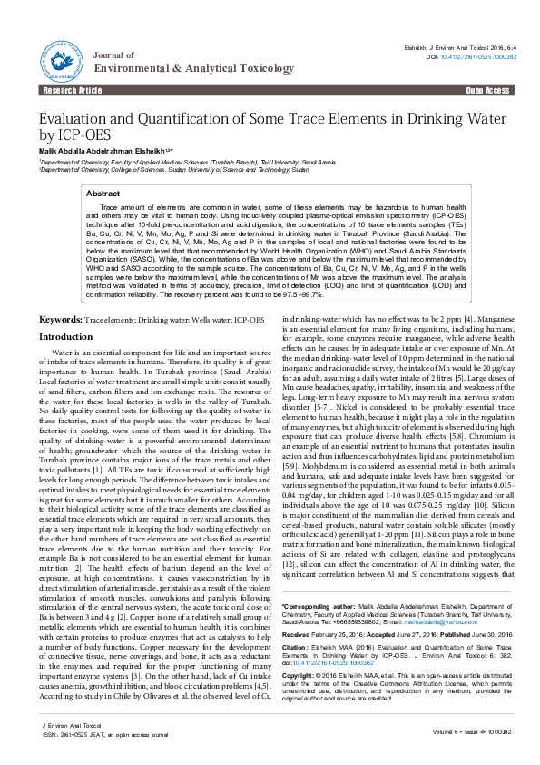(PDF) Evaluation and Quantification of Some Trace Elements in Drinking