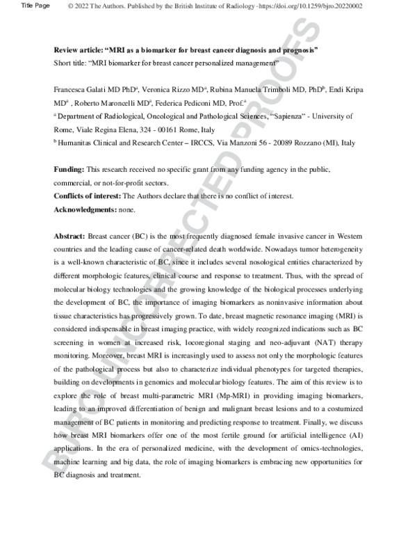 (PDF) MRI as a biomarker for breast cancer diagnosis and prognosis