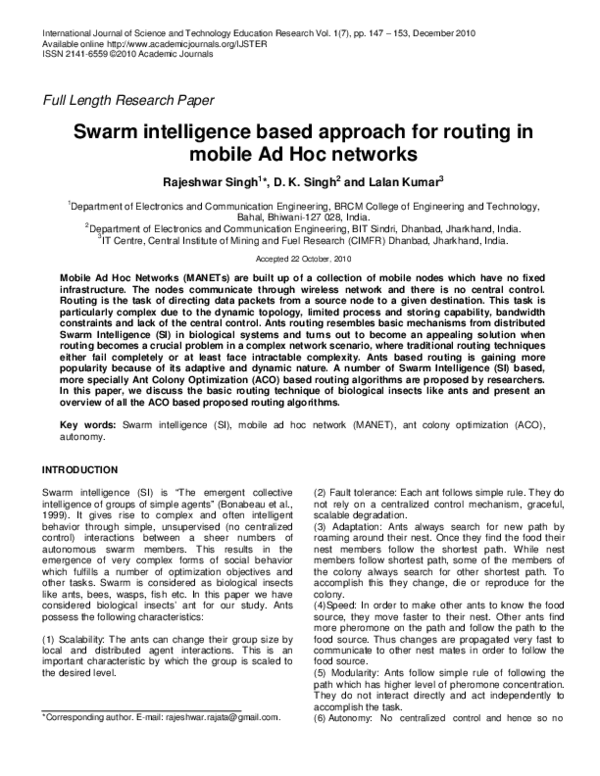 (PDF) Swarm intelligence based approach for routing in mobile Ad Hoc ...