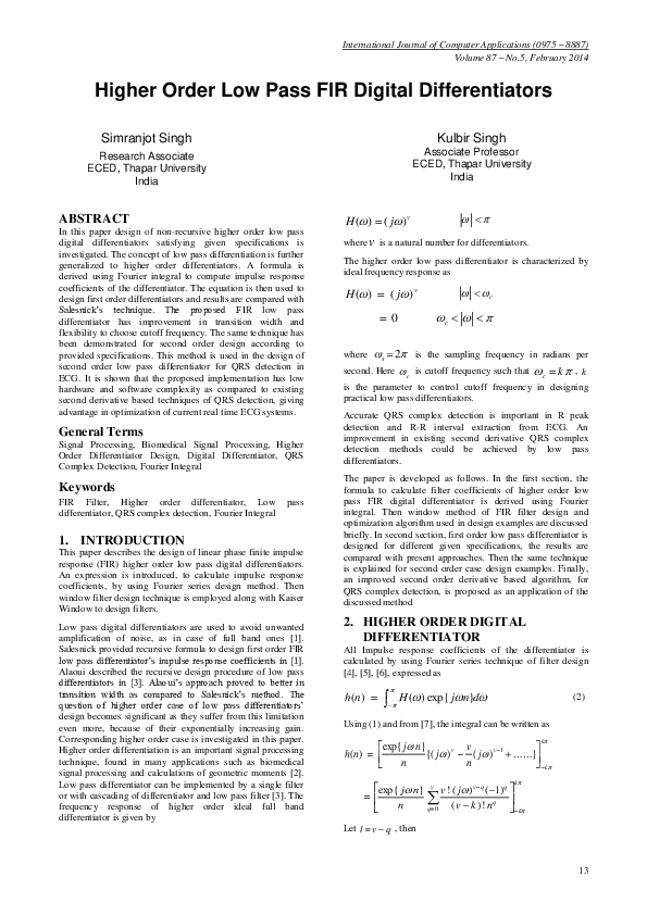 (PDF) Higher Order Low Pass FIR Digital Differentiators