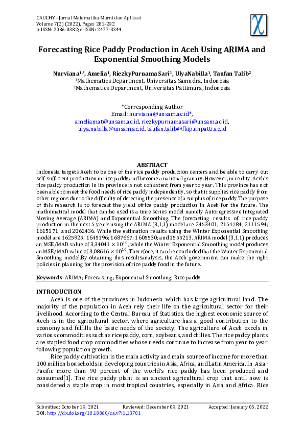 (PDF) Forecasting Rice Paddy Production in Aceh Using ARIMA and ...