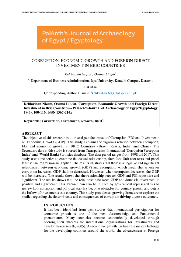 (PDF) CORRUPTION. ECONOMIC GROWTH AND FOREIGN DIRECT INVESTMENT IN BRIC