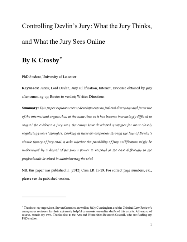 (PDF) 'Controlling Devlin's Jury what the jury thinks, and what the jury sees online' [2012] 1