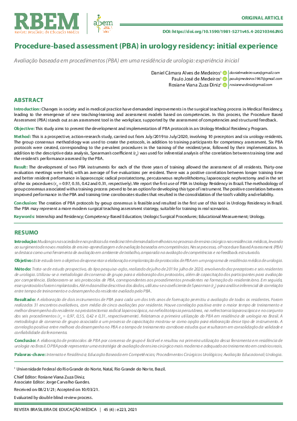 (PDF) Procedure-based assessment (PBA) in urology residency: initial ...
