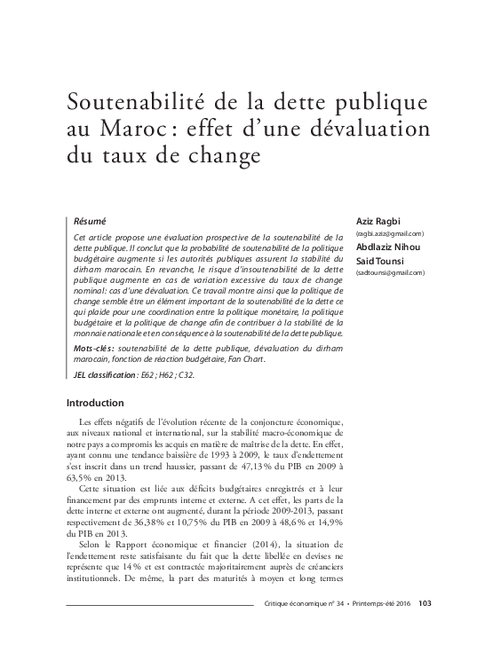 (PDF) Soutenabilité de la dette publique au Maroc : effet d'une ...