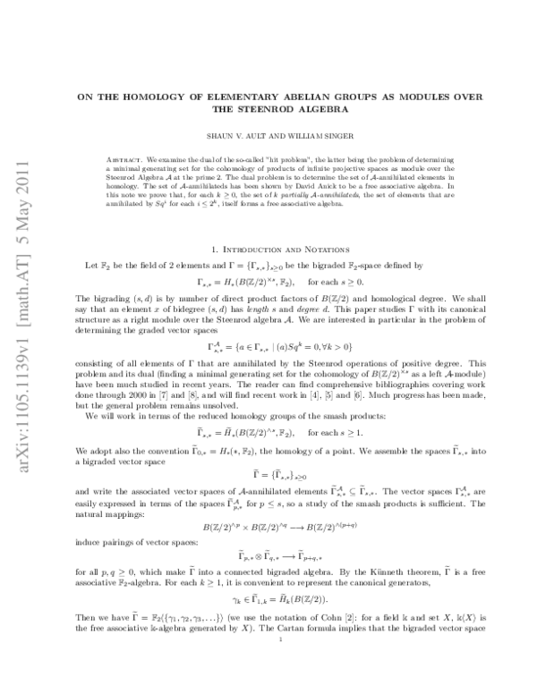 (PDF) On the homology of elementary Abelian groups as modules over the