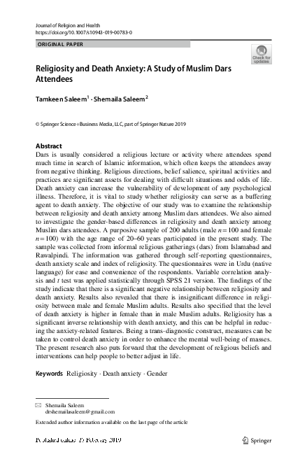 (PDF) Religiosity and Death Anxiety: A Study of Muslim Dars Attendees