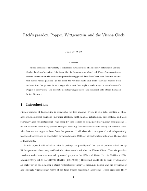 (PDF) Fitch's paradox, Popper, Wittgenstein, and the Vienna Circle