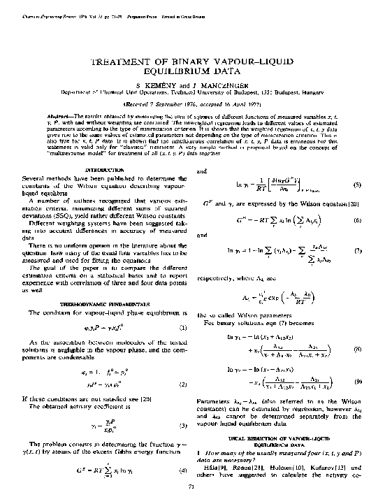 (PDF) Treatment of binary Vapour-Liquid equilibrium data