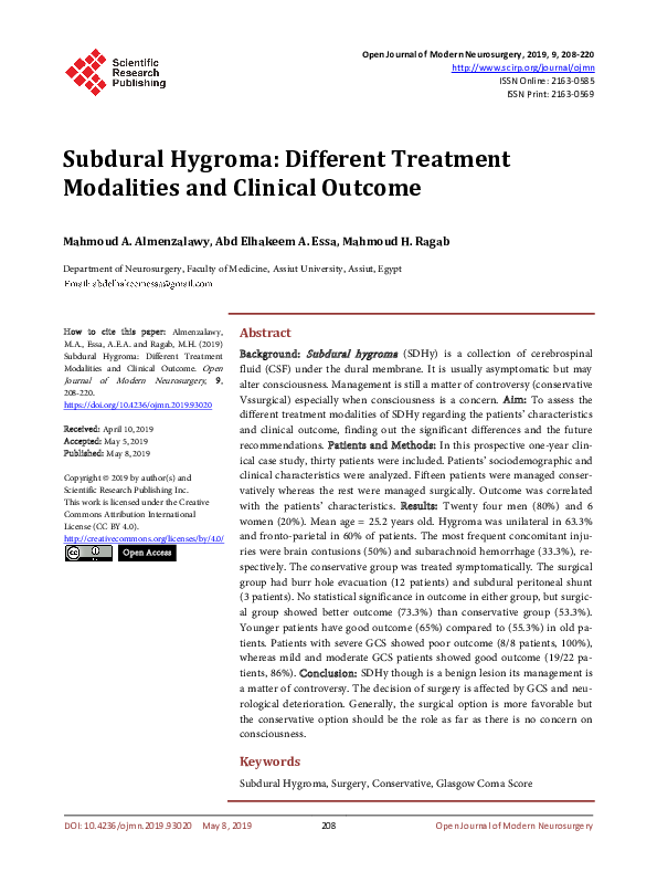 (PDF) Subdural Hygroma: Different Treatment Modalities and Clinical Outcome