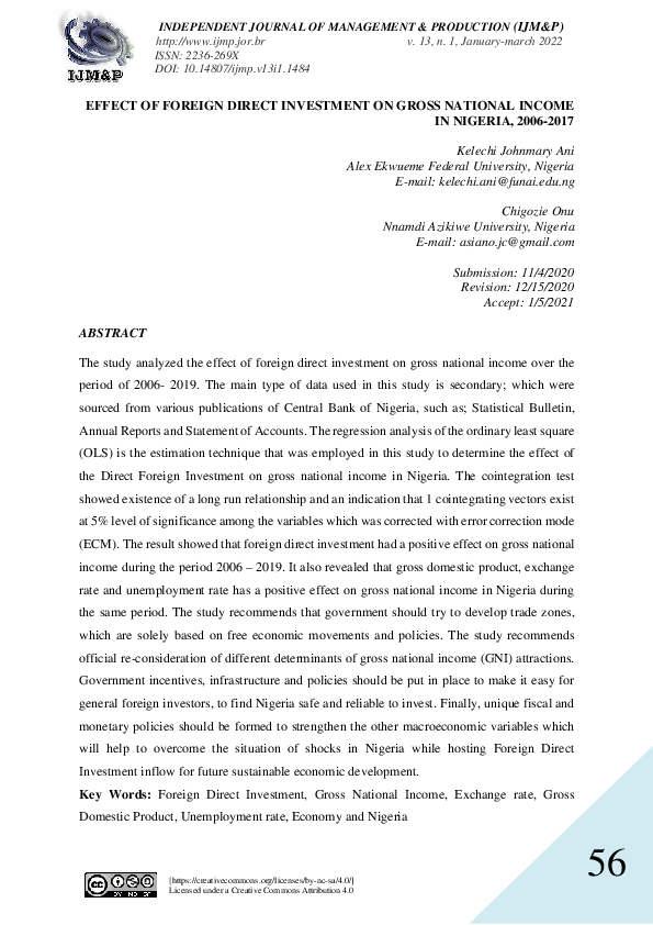 (PDF) Effect of foreign direct investment on gross national income in ...