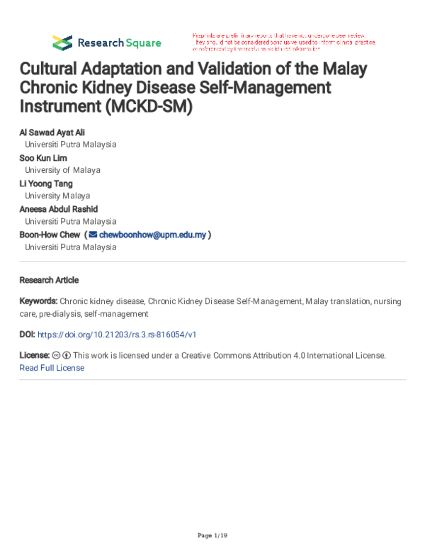 (PDF) Cultural Adaptation and Validation of the Malay Chronic Kidney ...