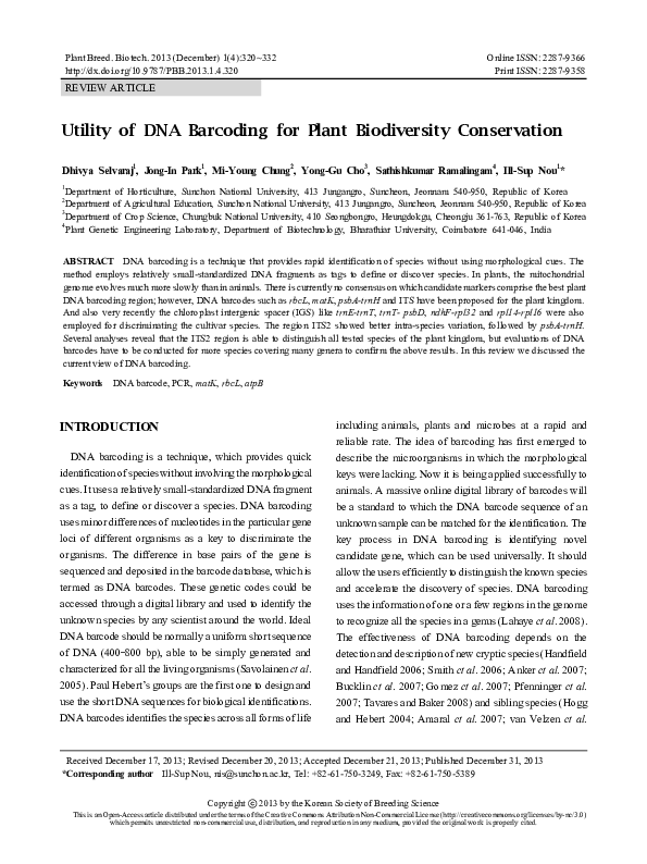 (PDF) Utility of DNA Barcoding for Plant Biodiversity Conservation