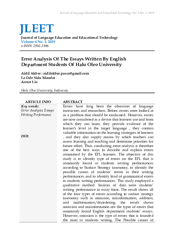 (PDF) Error Analysis Of The Essays Written By English Department ...