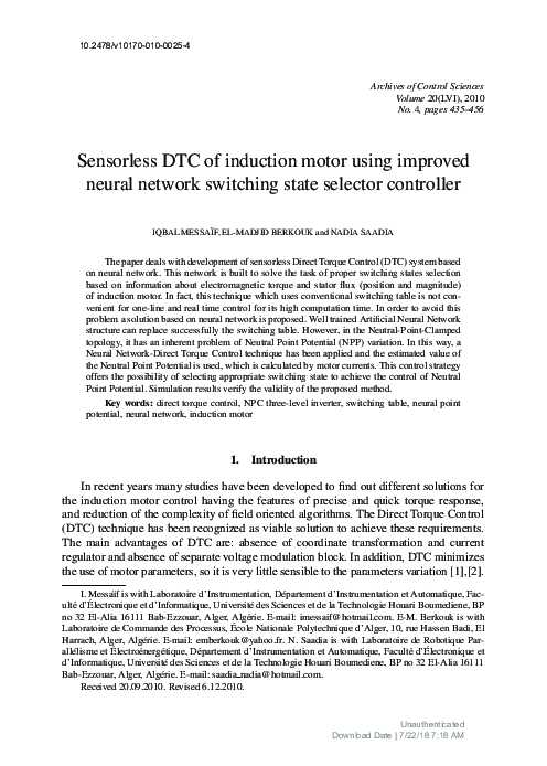 (PDF) Sensorless DTC of induction motor using improved neural network ...