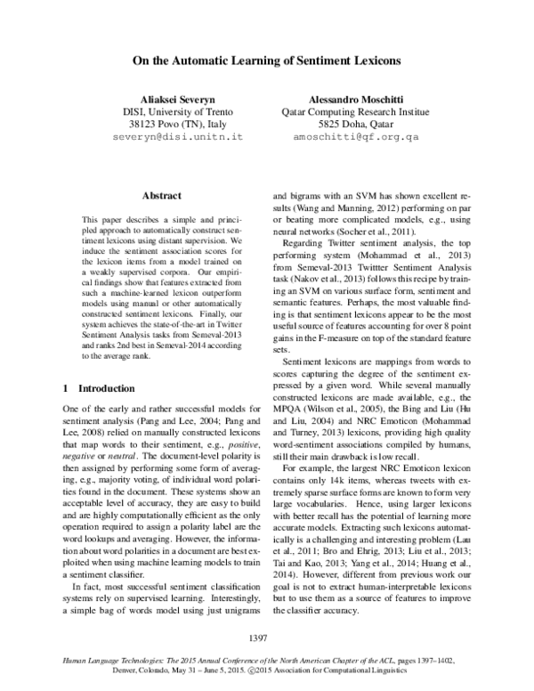 (PDF) On the Automatic Learning of Sentiment Lexicons