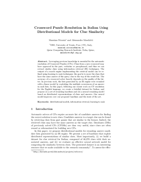 PDF Crossword Puzzle Resolution In Italian Using Distributional Models For Clue Similarity PDF Crossword Puzzle Resolution In Italian Using Distributional Models For Clue Similarity