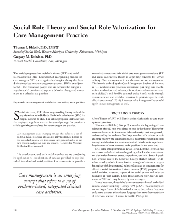 (PDF) Social Role Theory and Social Role Valorization for Care