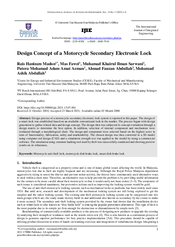 (PDF) Design Concept of a Motorcycle Secondary Electronic Lock