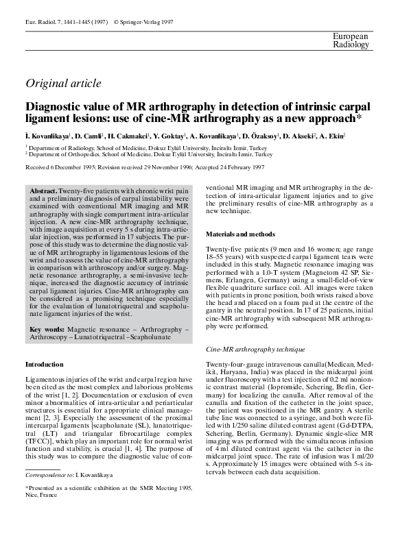 (PDF) Diagnostic value of MR arthrography in detection of intrinsic ...