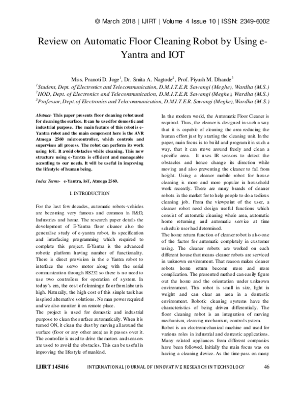(PDF) Review on Automatic Floor Cleaning Robot by Using eYantra and