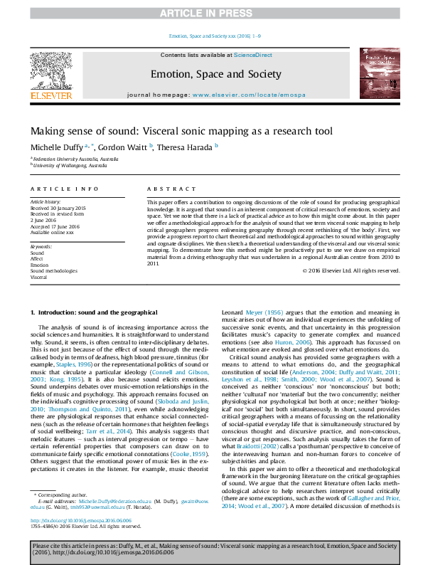 (PDF) Making sense of sound: Visceral sonic mapping as a research tool