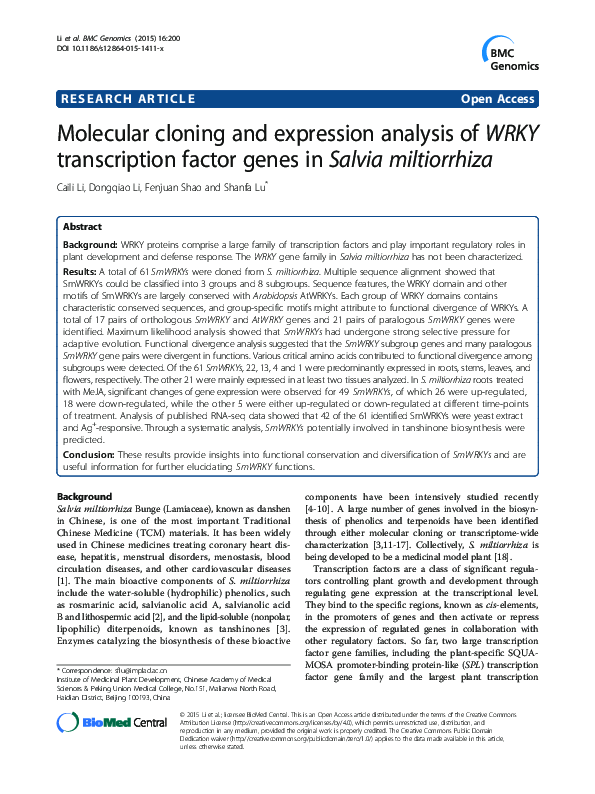 (PDF) Molecular cloning and expression analysis of a WRKY transcription ...