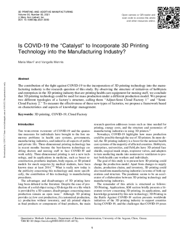 (PDF) Is COVID19 the “Catalyst” to Incorporate 3D Printing Technology