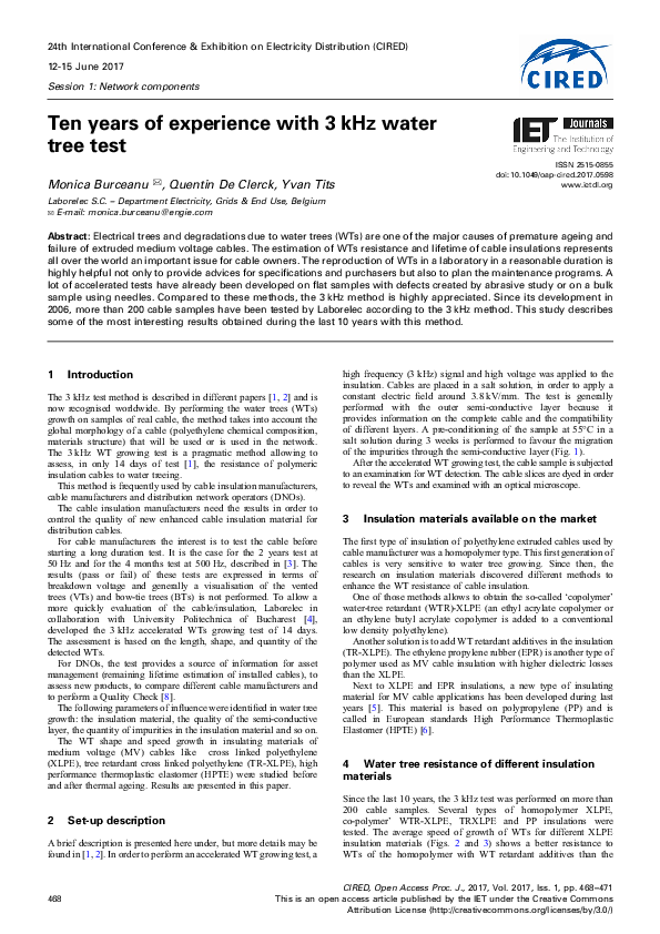 (PDF) Ten years of experience with 3 kHz water tree test
